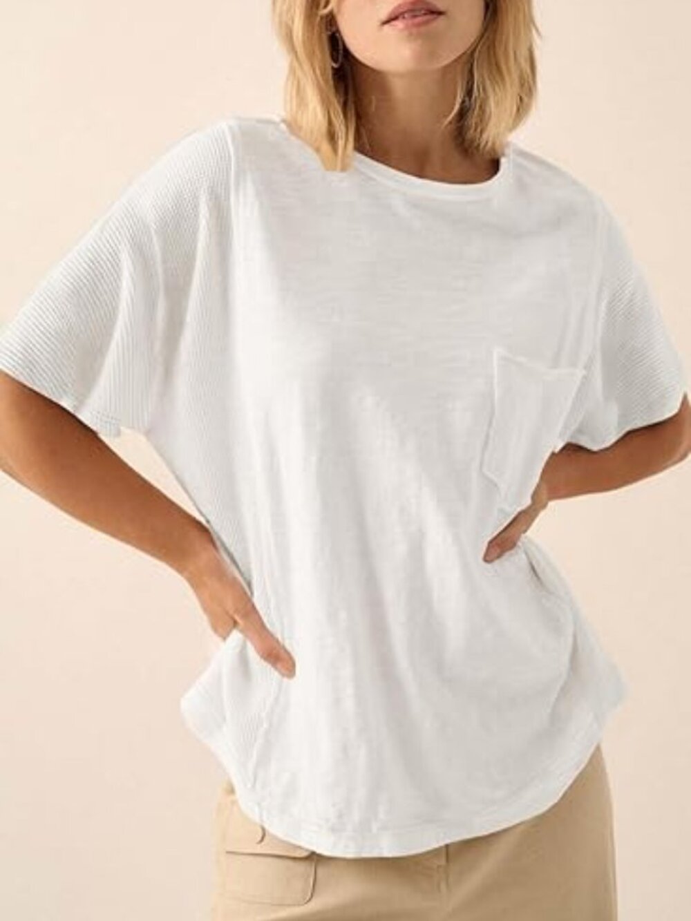 Acelitt Women's White Oversized Waffle Knit Short Sleeve Casual T Shirt Size-2XL